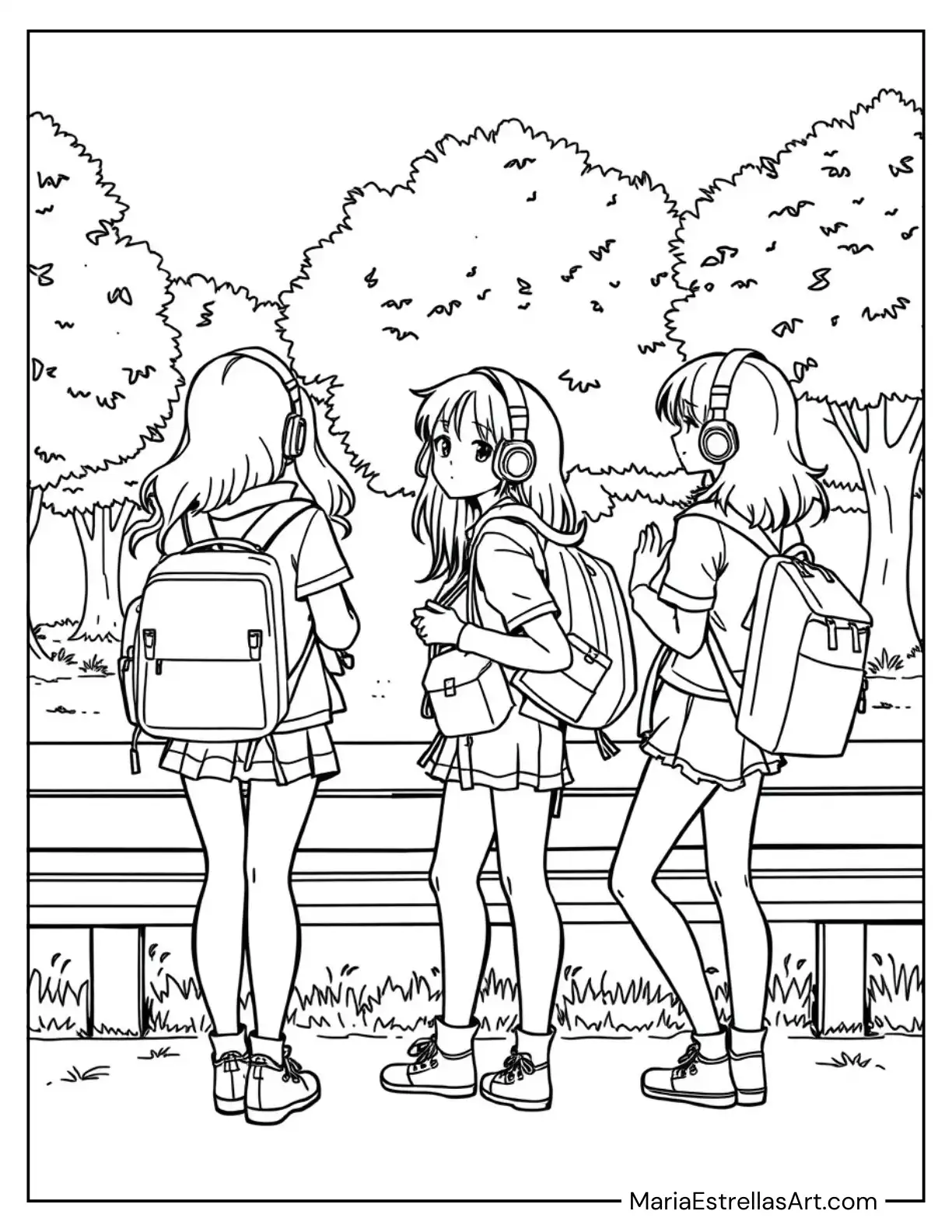 90’s Anime Girls with Backpacks and Headphones, Hanging Out at a Park Coloring Page