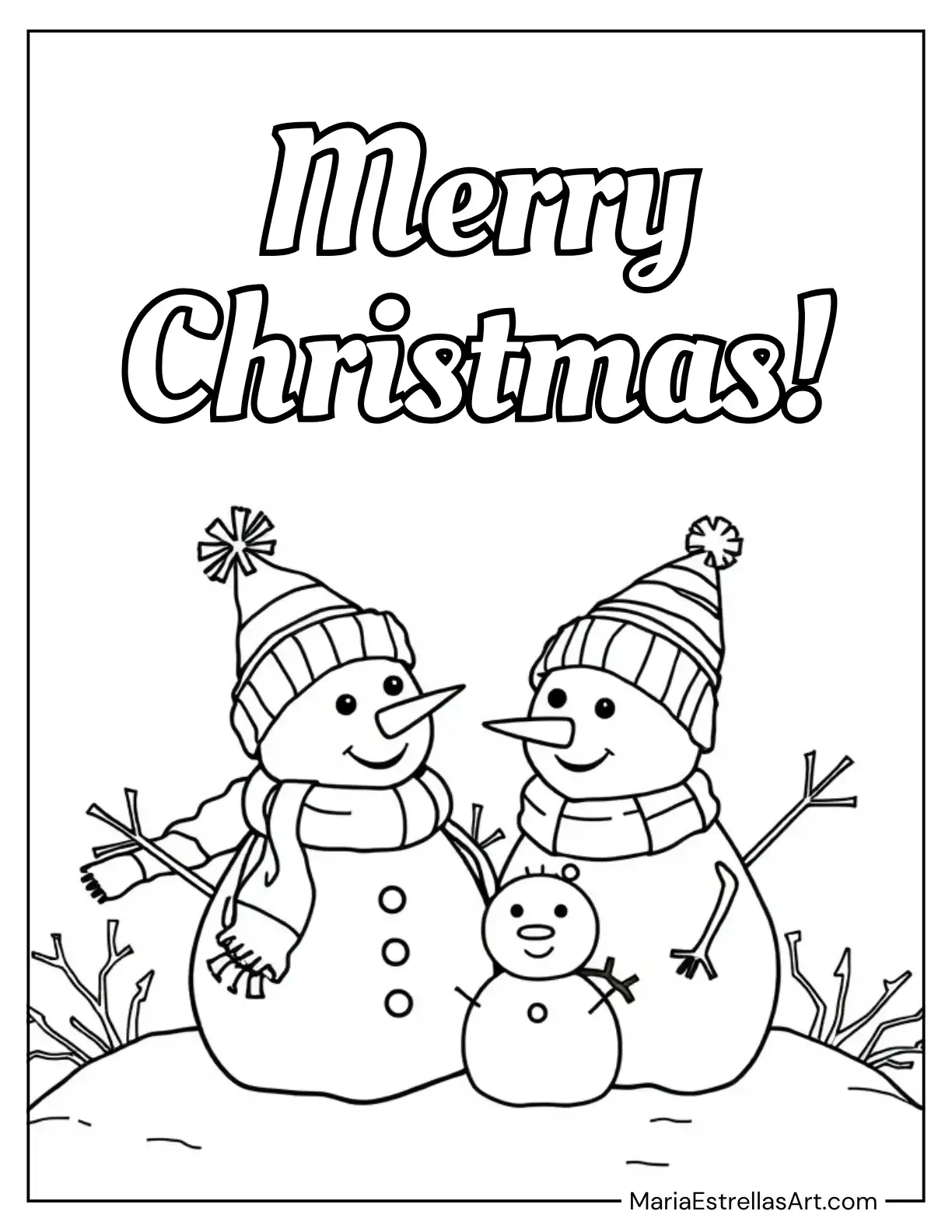 Adorable Snowman Family in the Snow Coloring Sheet