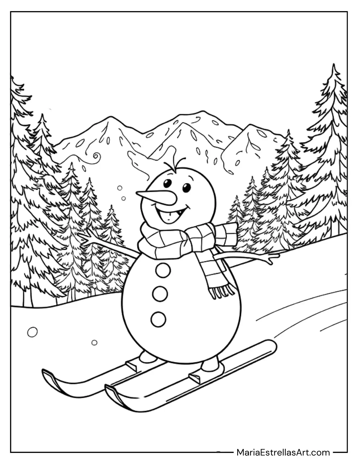 Adorable Snowman Hitting the Slopes Coloring Page