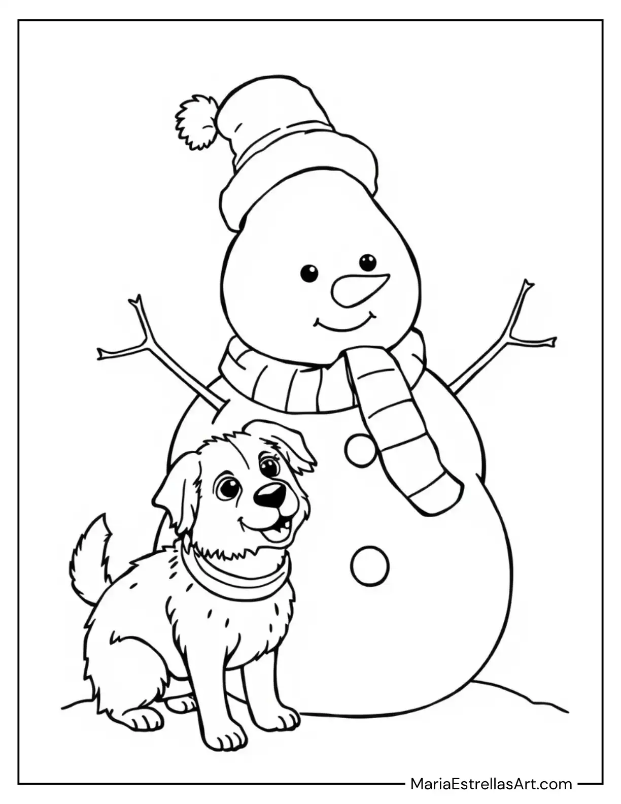 Adorable Snowman with His Pet Dog Coloring Page