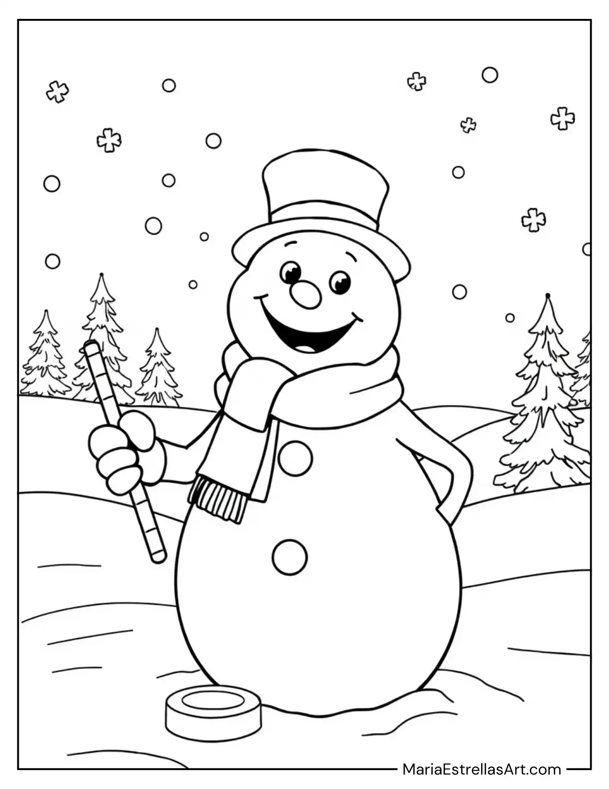 Adorable Snowman with a Hockey Puck and Stick to Color for Kids