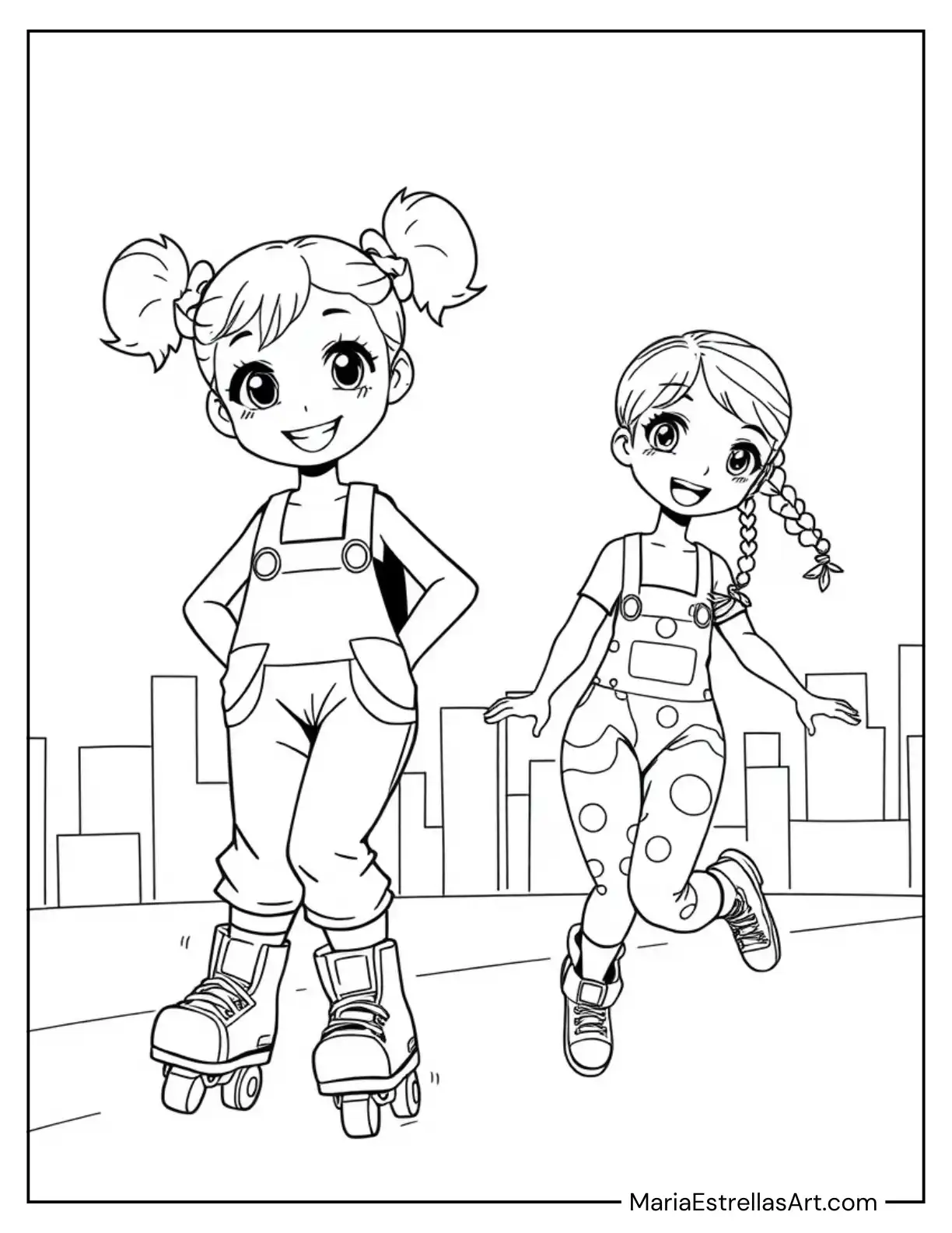 Anime Girls Roller Skating in Overalls with Neon Backgrounds Coloring Page