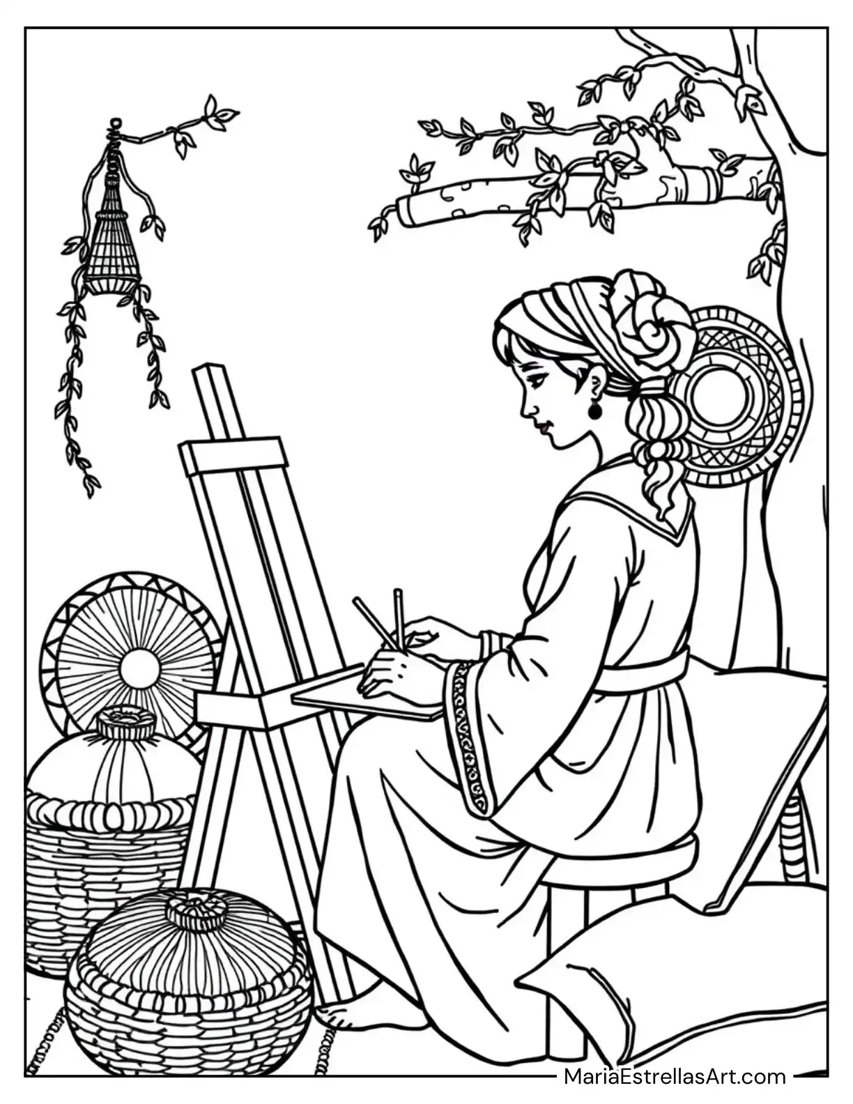 Artist at a Wooden Easel, with Woven Baskets and Pillows Around Her Coloring Page