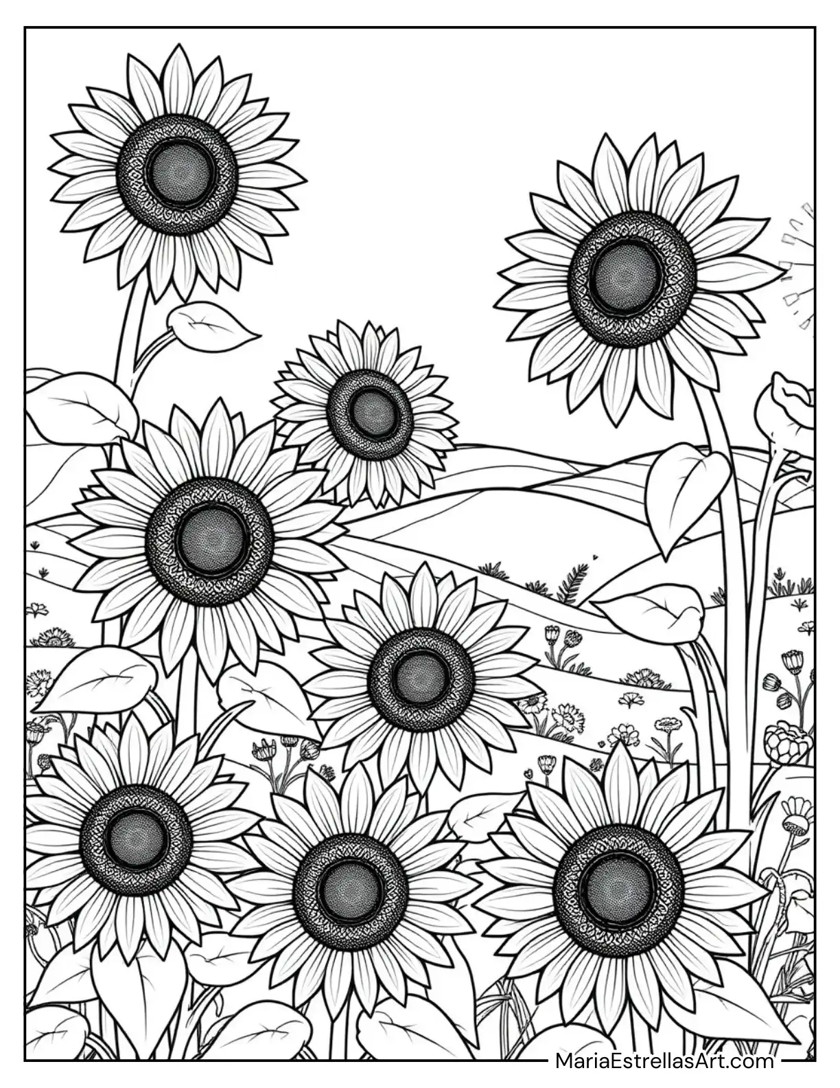 Blooming Sunflowers with Detailed Leaves Filling the Page to Color for Kids