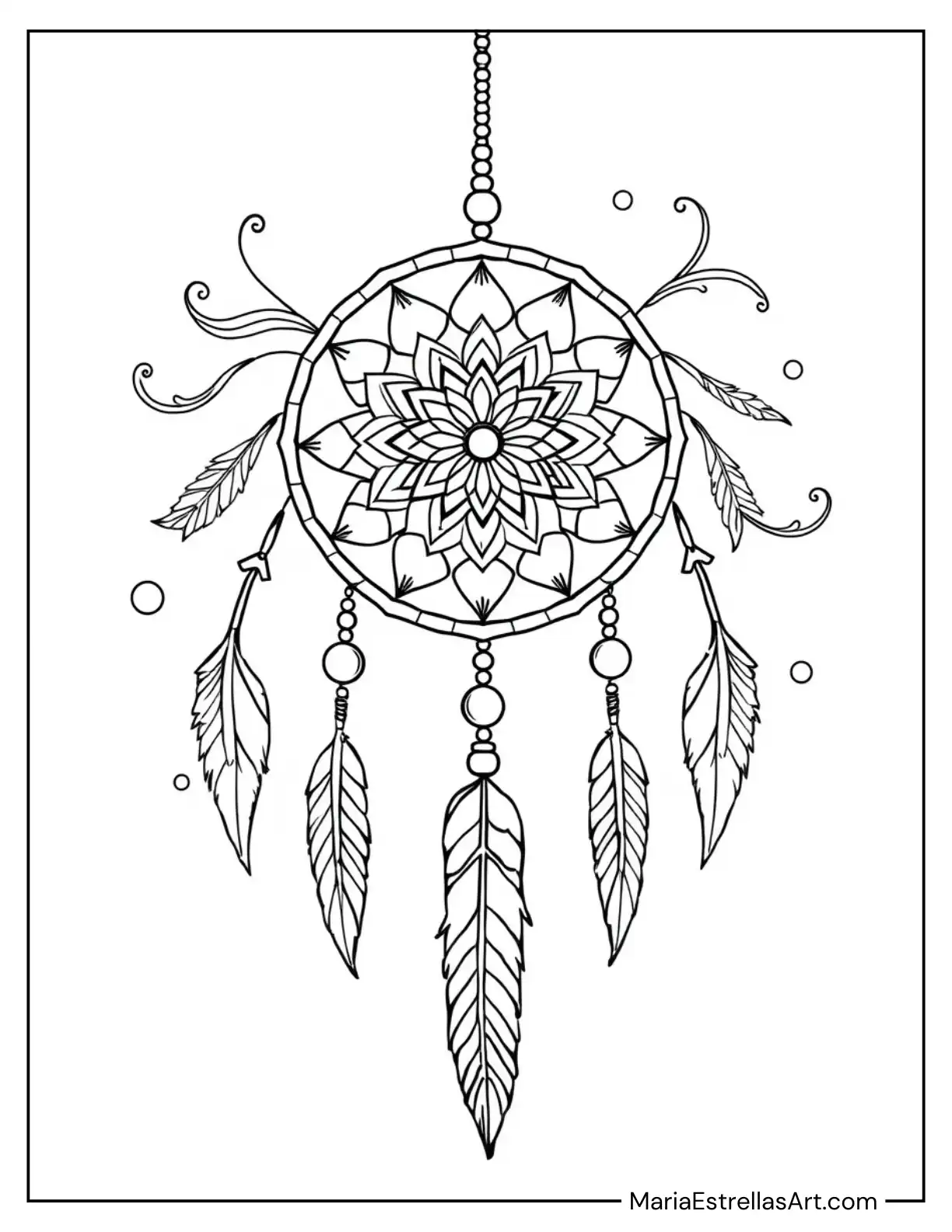 Boho Dreamcatcher with Delicate Patterns and Flowing Feathers Coloring Page