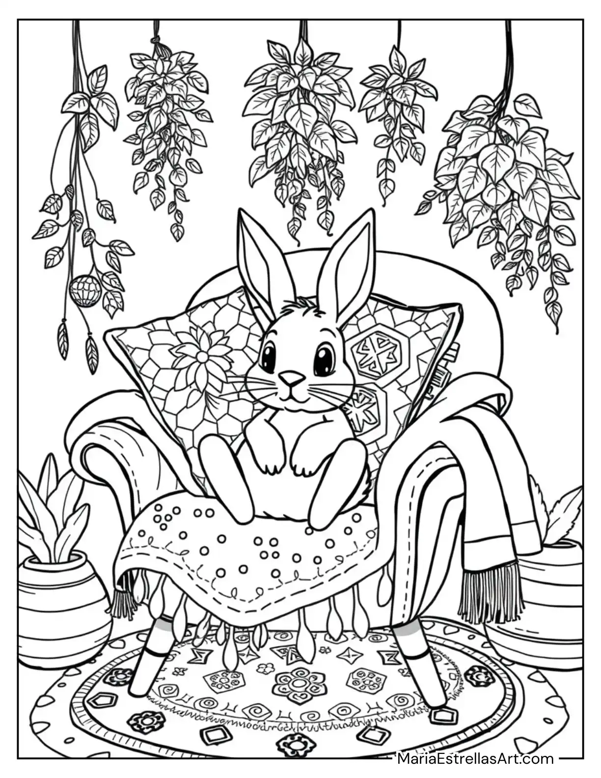 Bunny Resting in a Cozy Boho Chair with Cushions and Woven Blankets Coloring Page