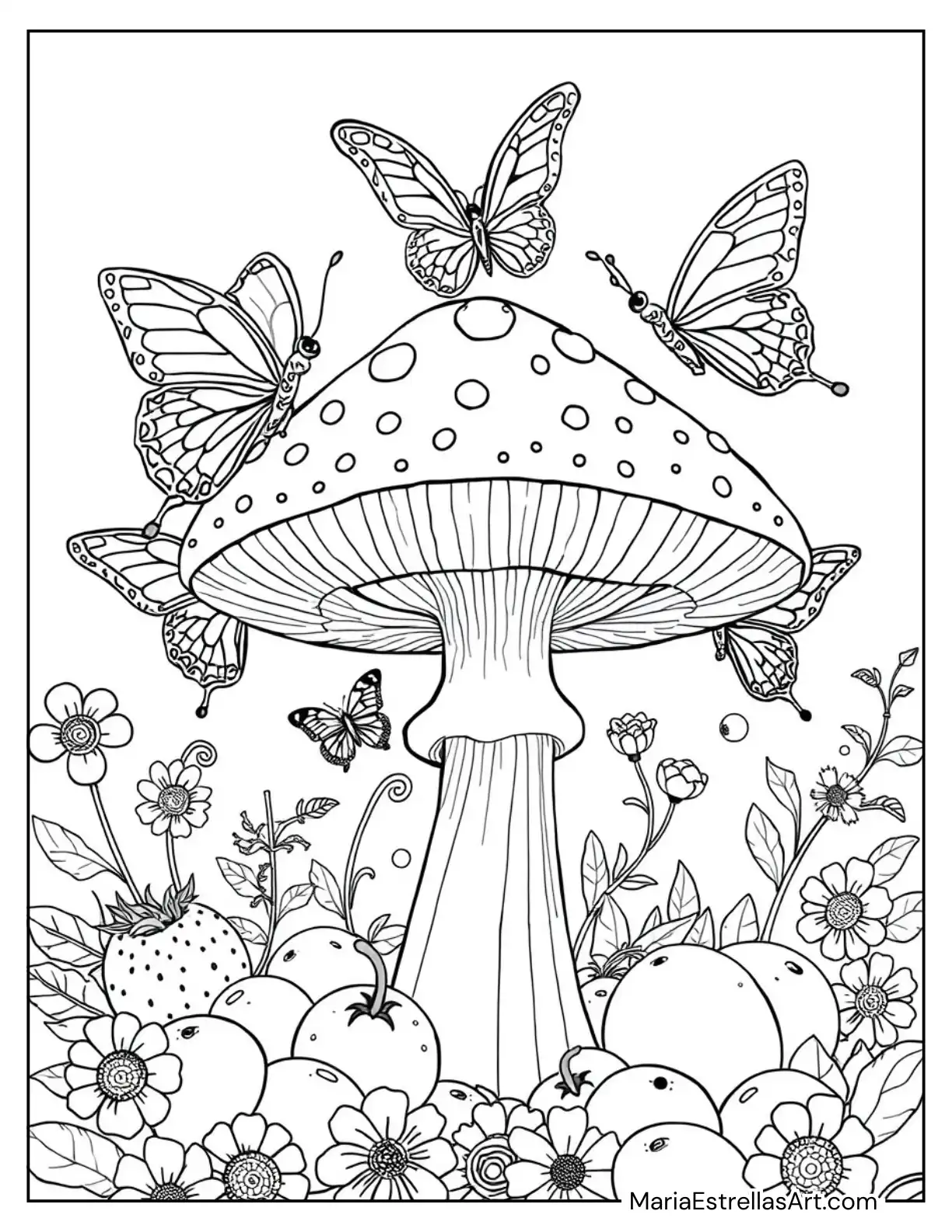 Butterflies Mixing Fruit Punch in a Mushroom Cap Coloring Sheet