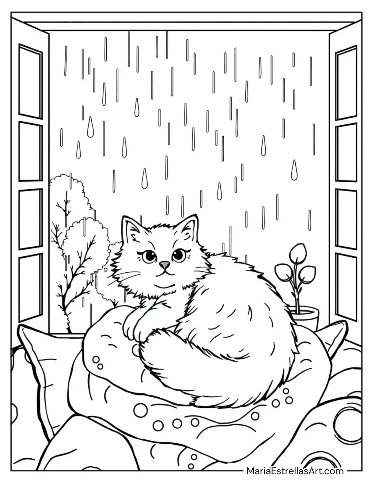 Cat Watching Rain Through a Window While Snuggled in Blankets Coloring Page