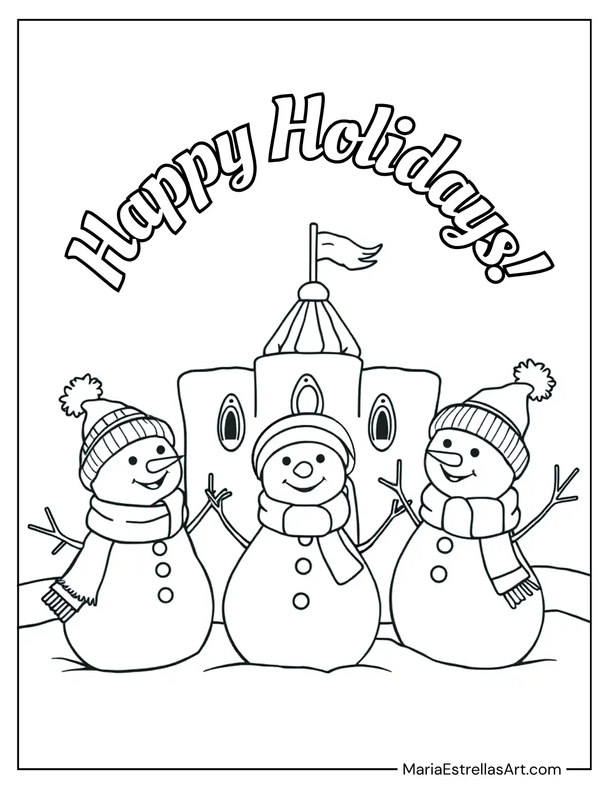 Cheerful Snowmen Building a Snow Fort Coloring Page