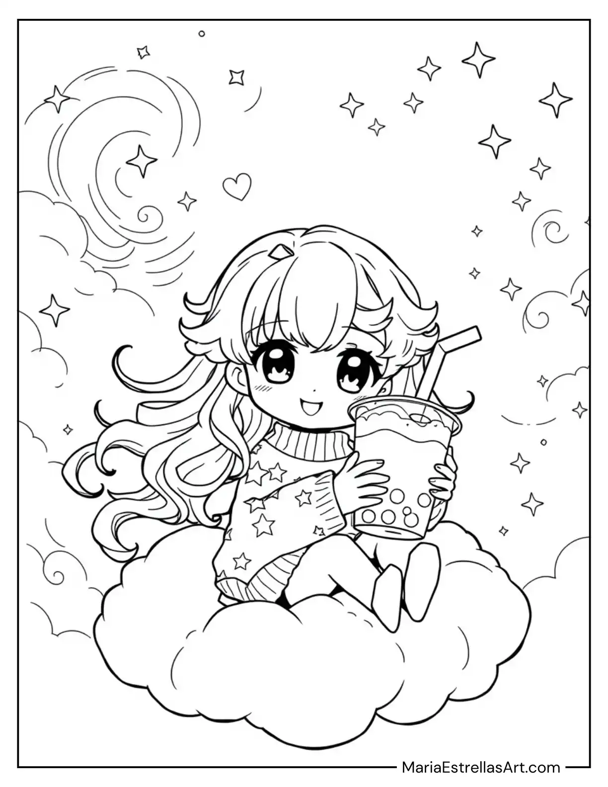 Chibi-Style Anime Girl Sitting on a Cloud Drinking Rainbow Boba Coloring Page