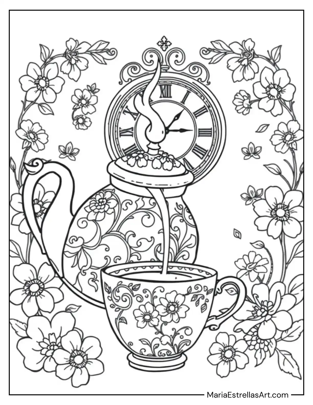 Classic Teapot Pouring into a Cup, with Delicate Flowers and a Clock in the Background Coloring Sheet