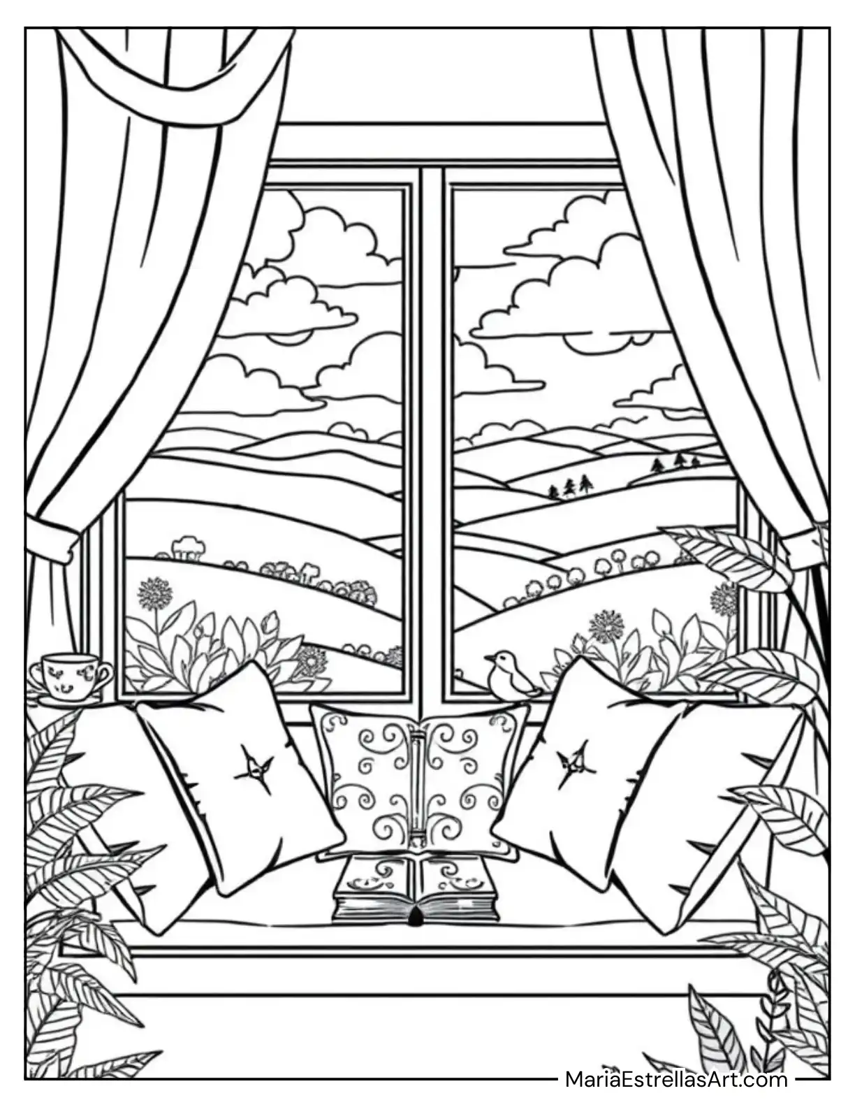 Cozy Bay Window Seat Surrounded by Potted Plants and Colorful Tapestries Coloring Sheet