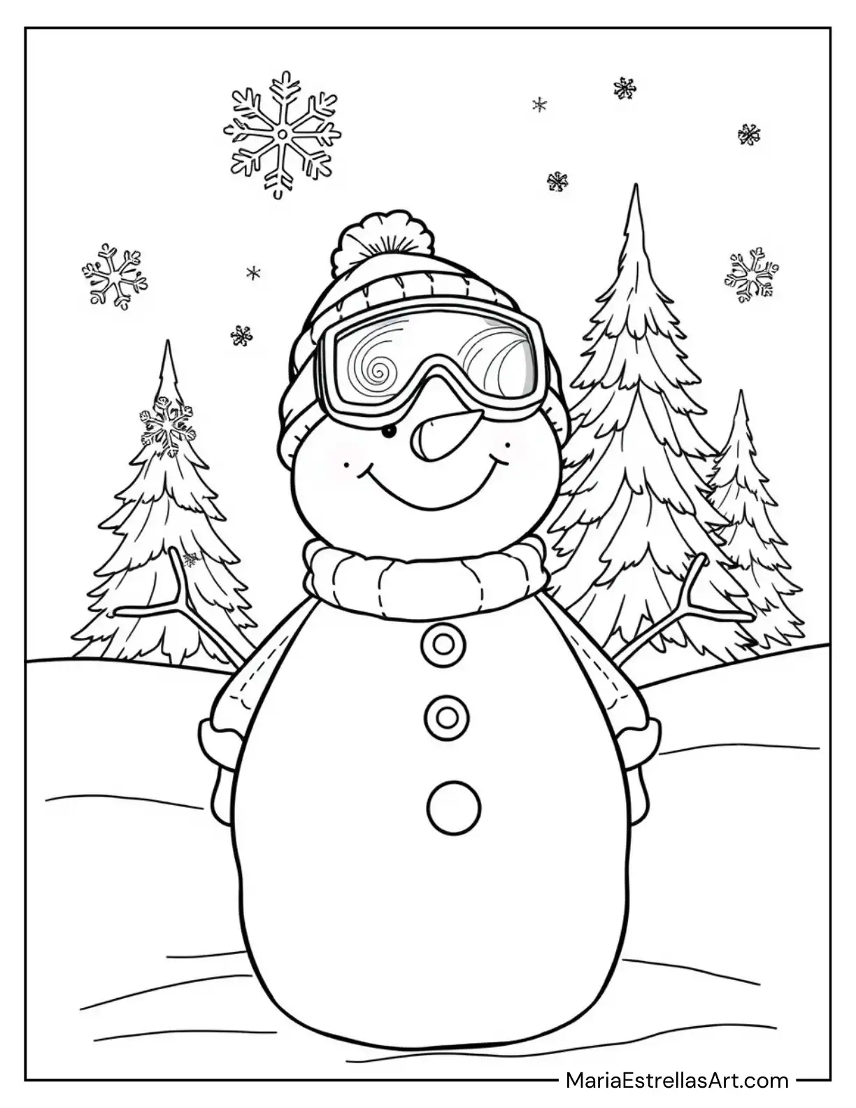 Cozy Snowman Wearing a Ski Suit and Goggles Coloring Page