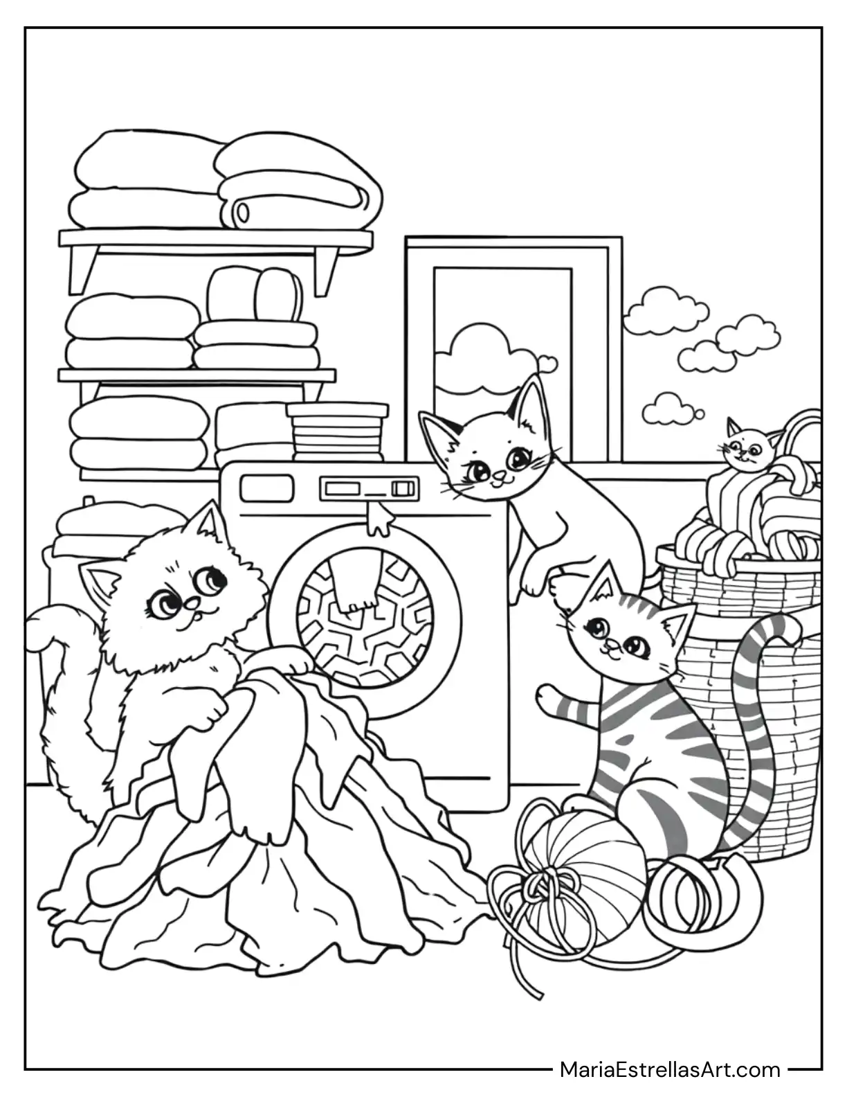 Cute Cats Washing Clothes - Cozy and Fun Coloring Page for Kids