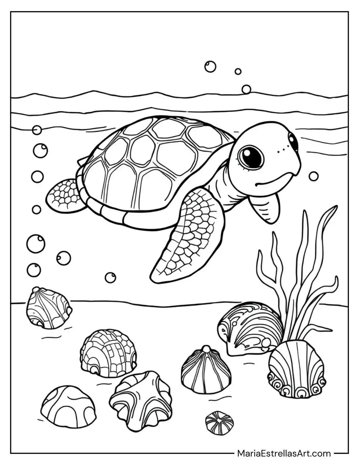 Cute Sea Turtle Swimming in Shallow Water with Seashells on the Shore Coloring Page