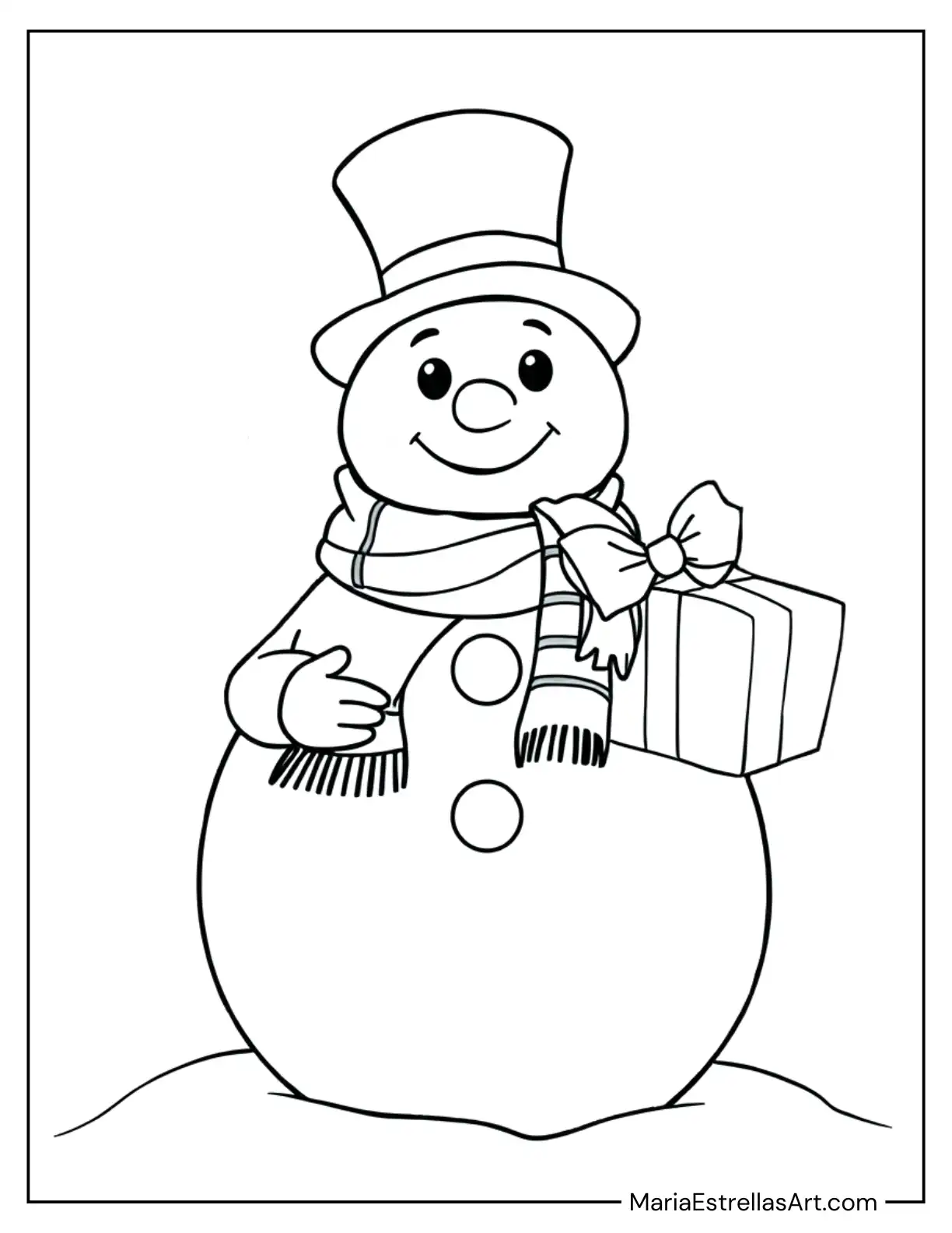 Cute Snowman Giving a Christmas Present Coloring Sheet