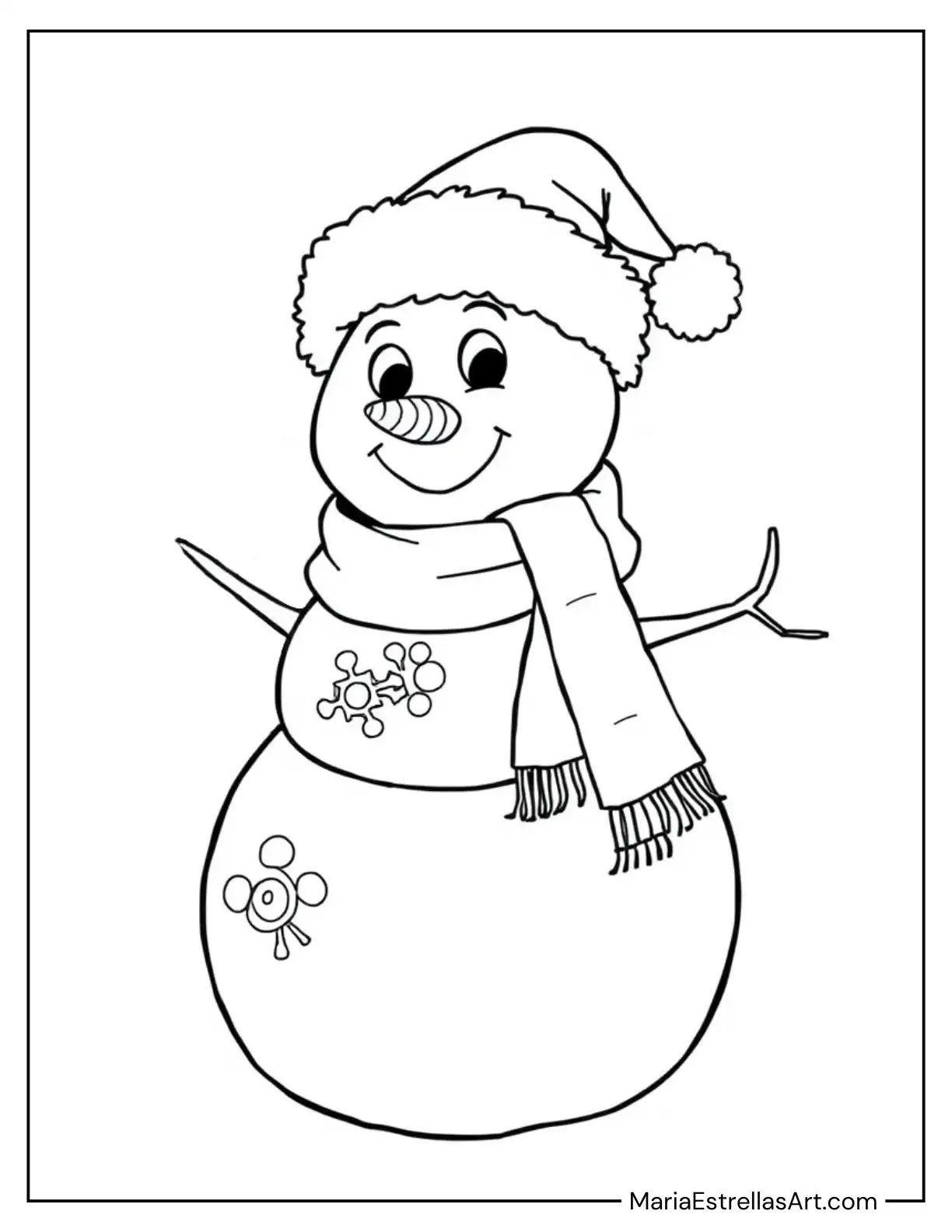 Cute Snowman in Santa Hat Coloring Page