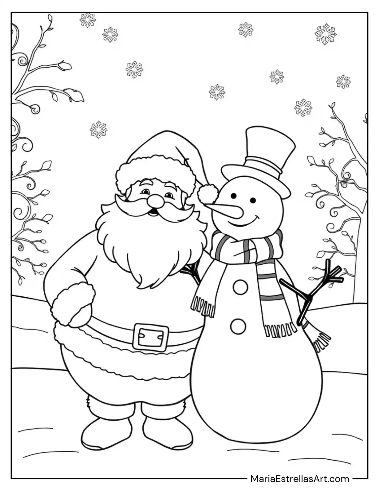 Festive Santa and Snowman Together Coloring Page