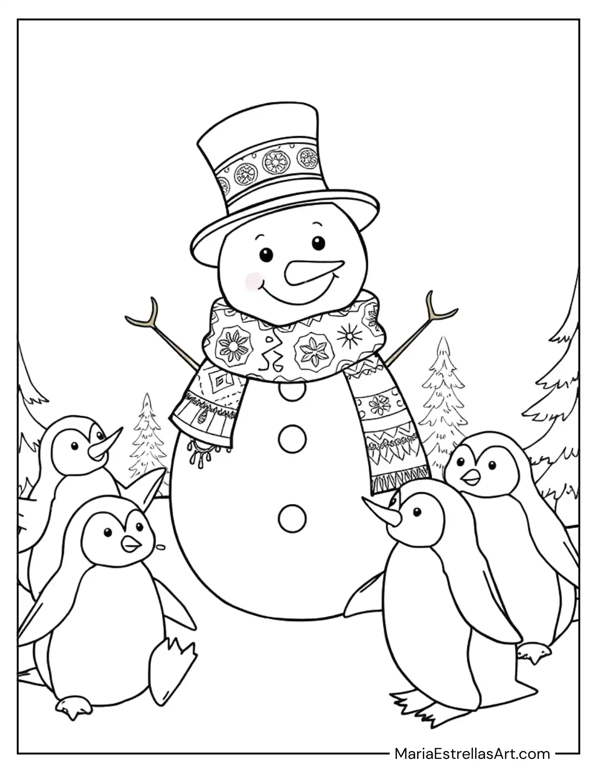 Happy Snowman Surrounded by Penguins Coloring Page