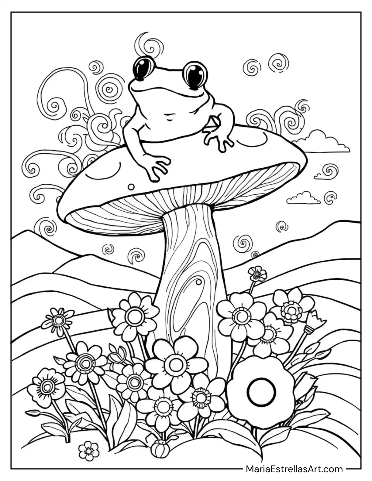 Hippie Frog Dreaming on a Mushroom with Psychedelic Swirls and Colorful Flowers Coloring Sheet