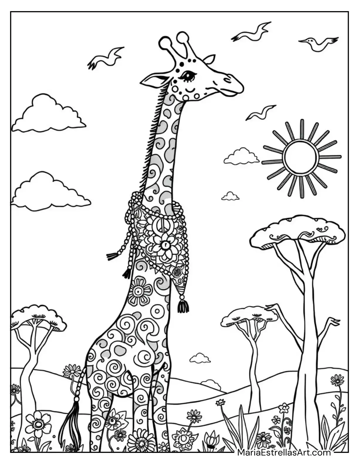 Hippie Vibes Giraffe Motivational Coloring Page