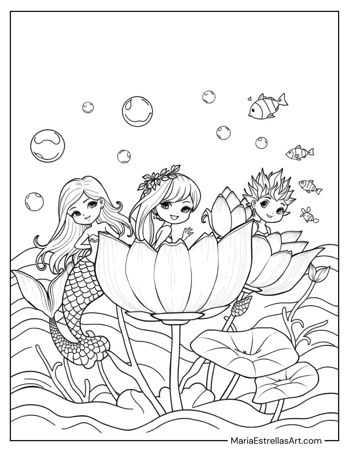 Mermaids Playing Hide and Seek Among Floating Lotus Flowers and Magical Bubbles Coloring Sheet