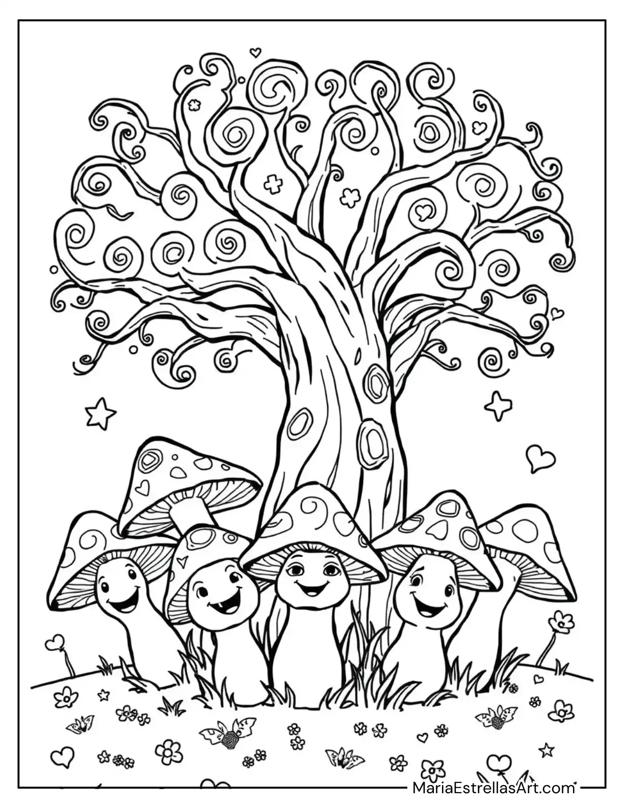 Mushrooms with Faces Chatting Under a Magical Tree Coloring Page