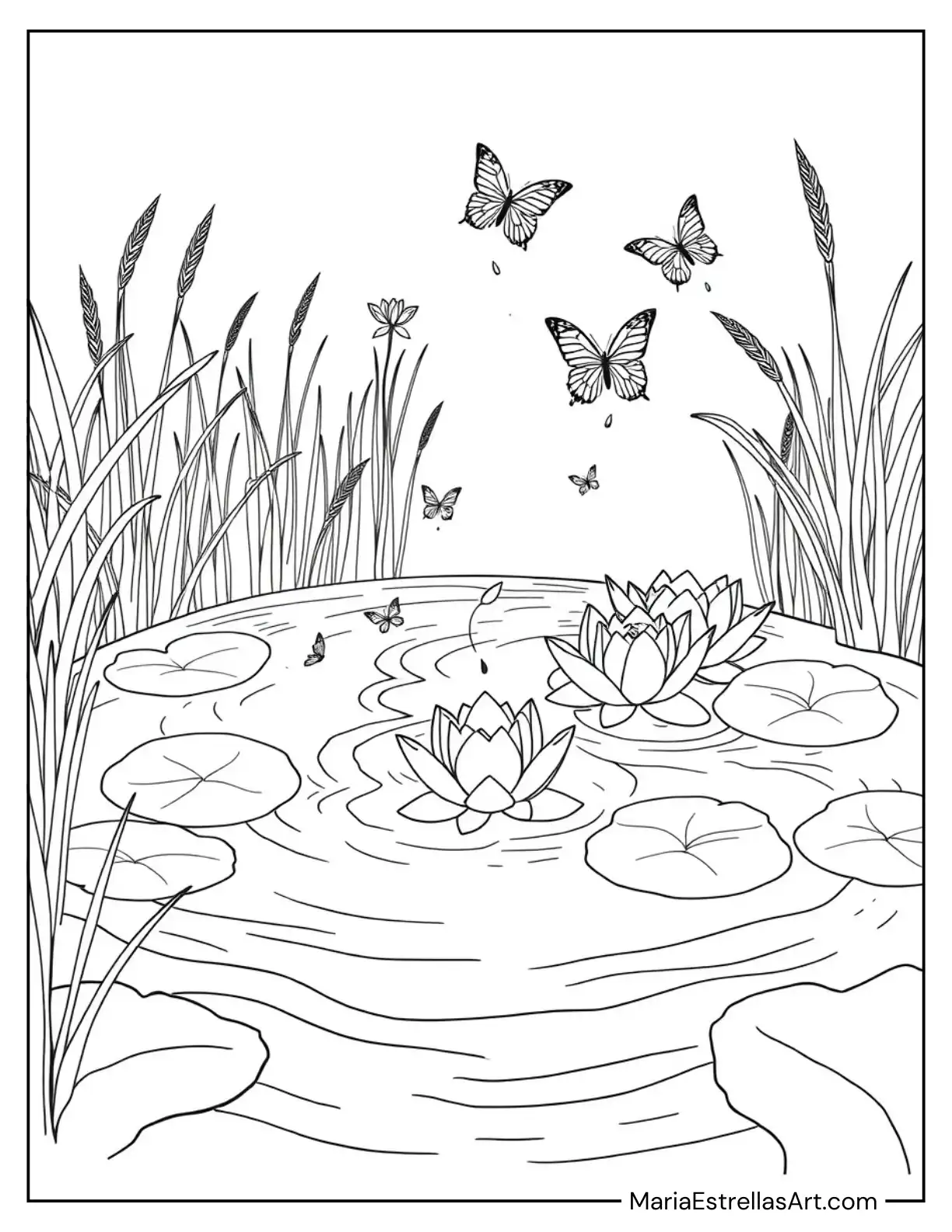 Peaceful Pond with Rippling Water and Lotus Petals Gently Falling Coloring Page