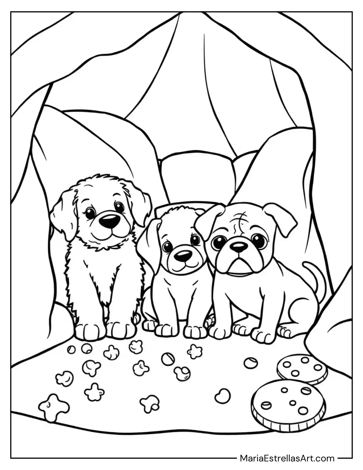 Puppies Snuggled Up in a Blanket Fort with Popcorn and Cookies Coloring Sheet