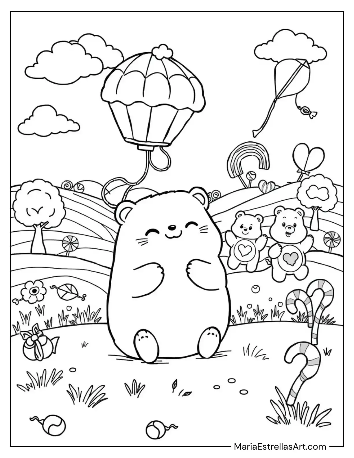 Pusheen and Care Bears Flying Kites Together in a Candyland Coloring Sheet