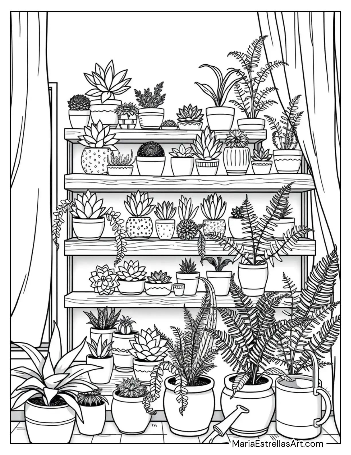 Shelves Full of Potted Succulents and Ferns Next to a Window with Flowing Curtains Coloring Page