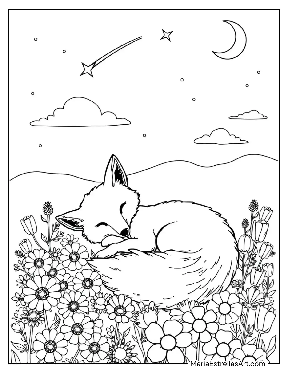 Sleeping Fox Curled in a Bed of Flowers Under a Shooting Star Coloring Sheet