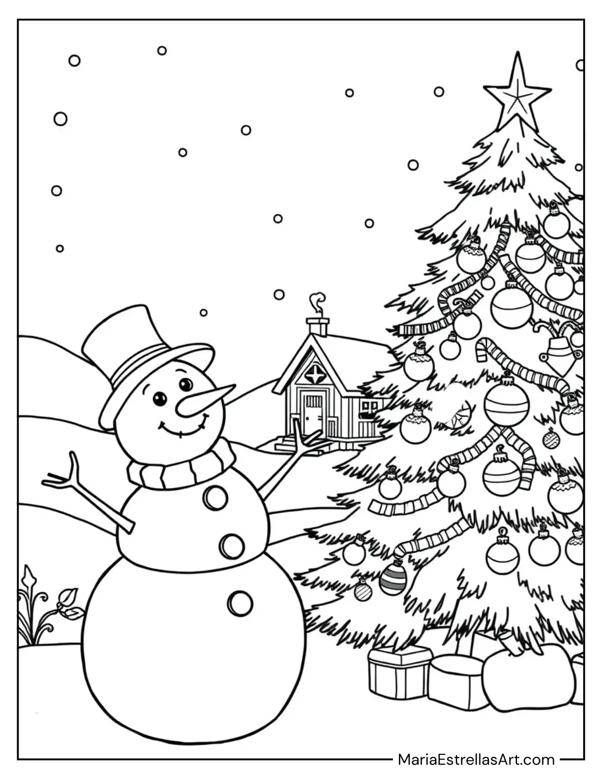 Snowman Adding Decorations to a Christmas Tree Coloring Page