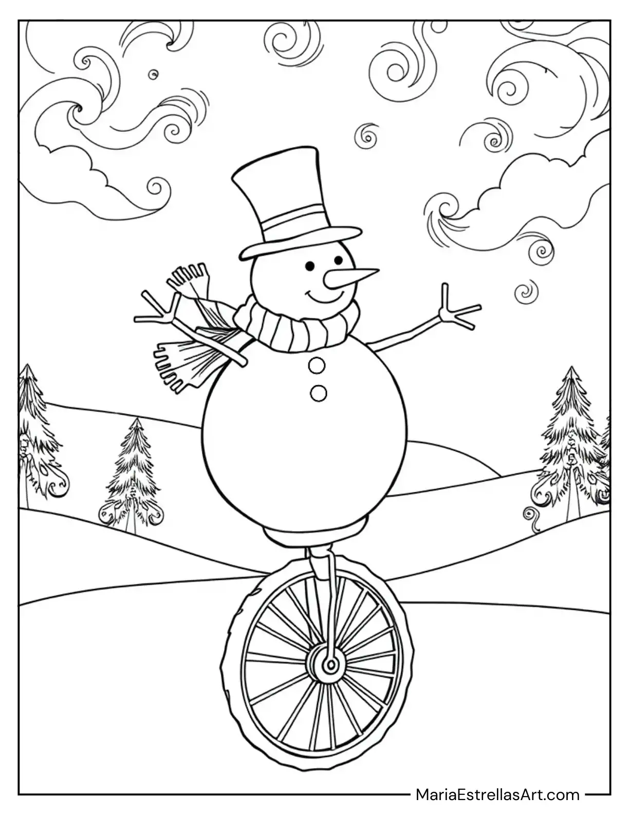 Snowman Balancing on a Unicycle Coloring Page