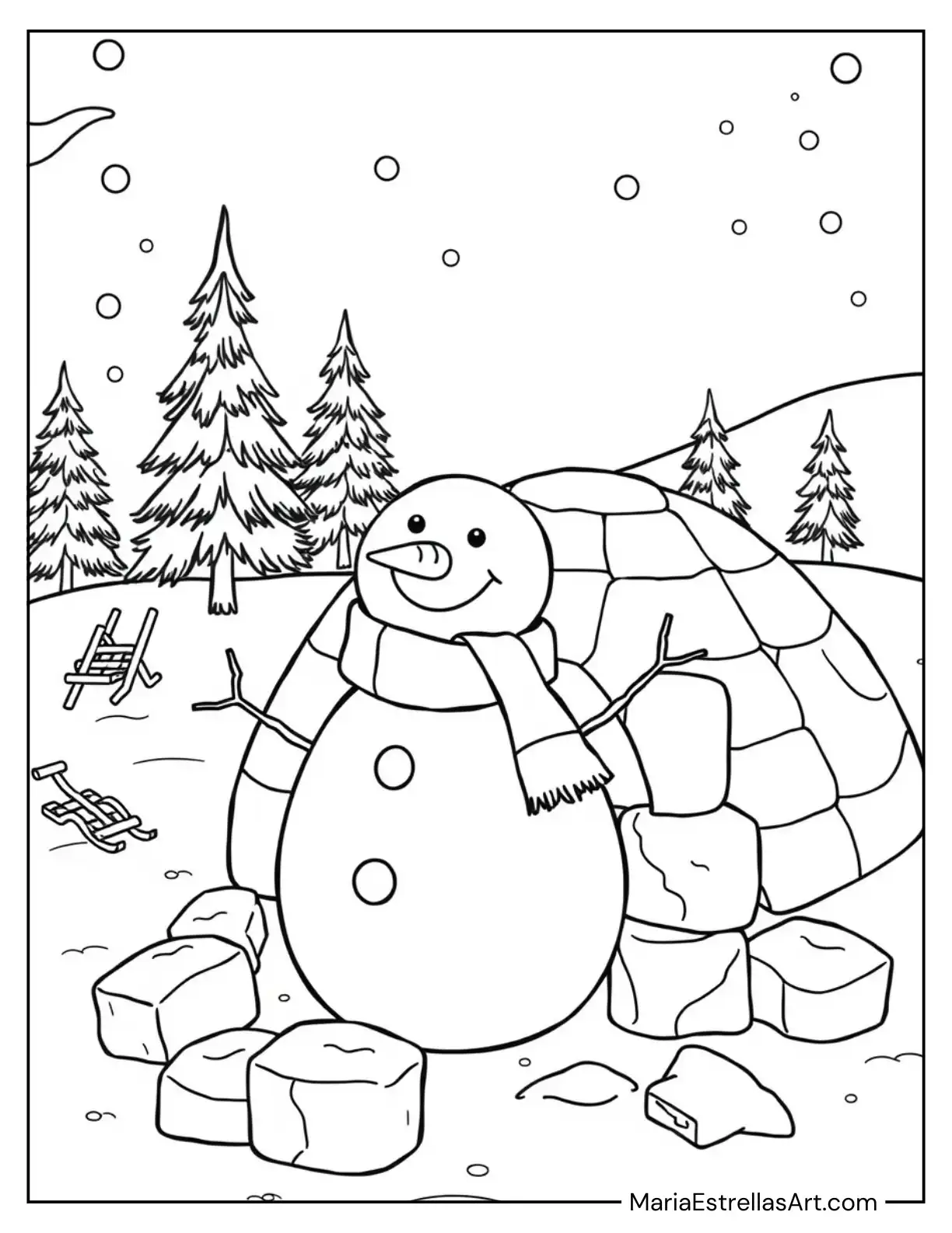 Snowman Building an Igloo with Ice Bricks Coloring Page