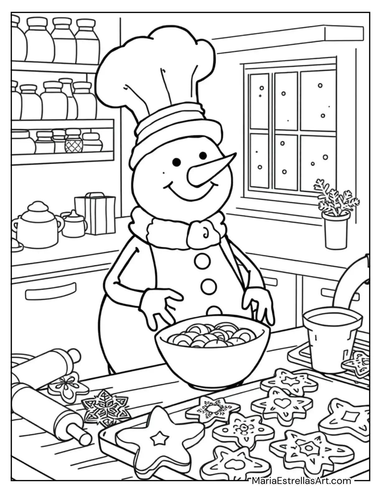 Snowman Dressed as a Chef Baking Gingerbread Cookies Coloring Page