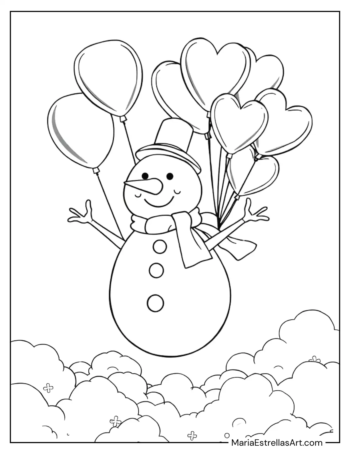 Snowman Flying with Balloons in a Sky Coloring Page