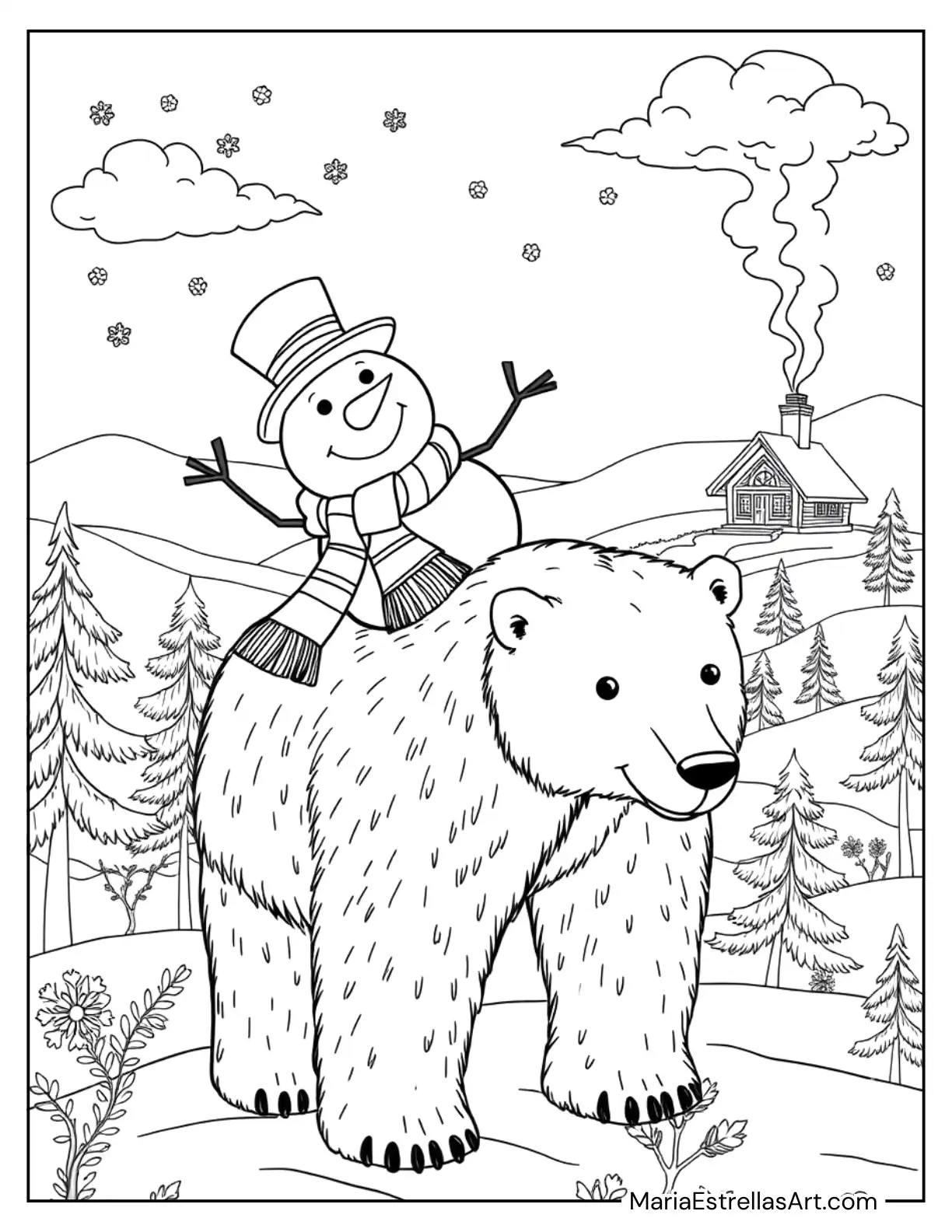 Snowman Riding a Polar Bear through a Winter Wonderland Coloring Sheet