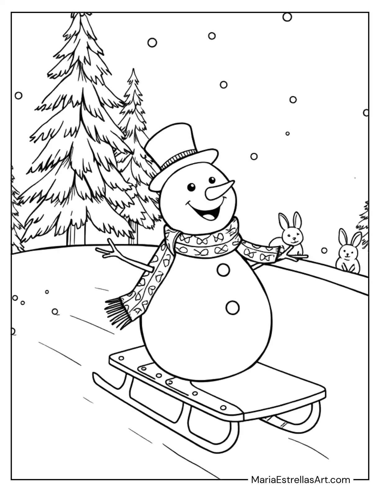 Snowman Riding a Sled Down a Snowy Hill Coloring Sheet