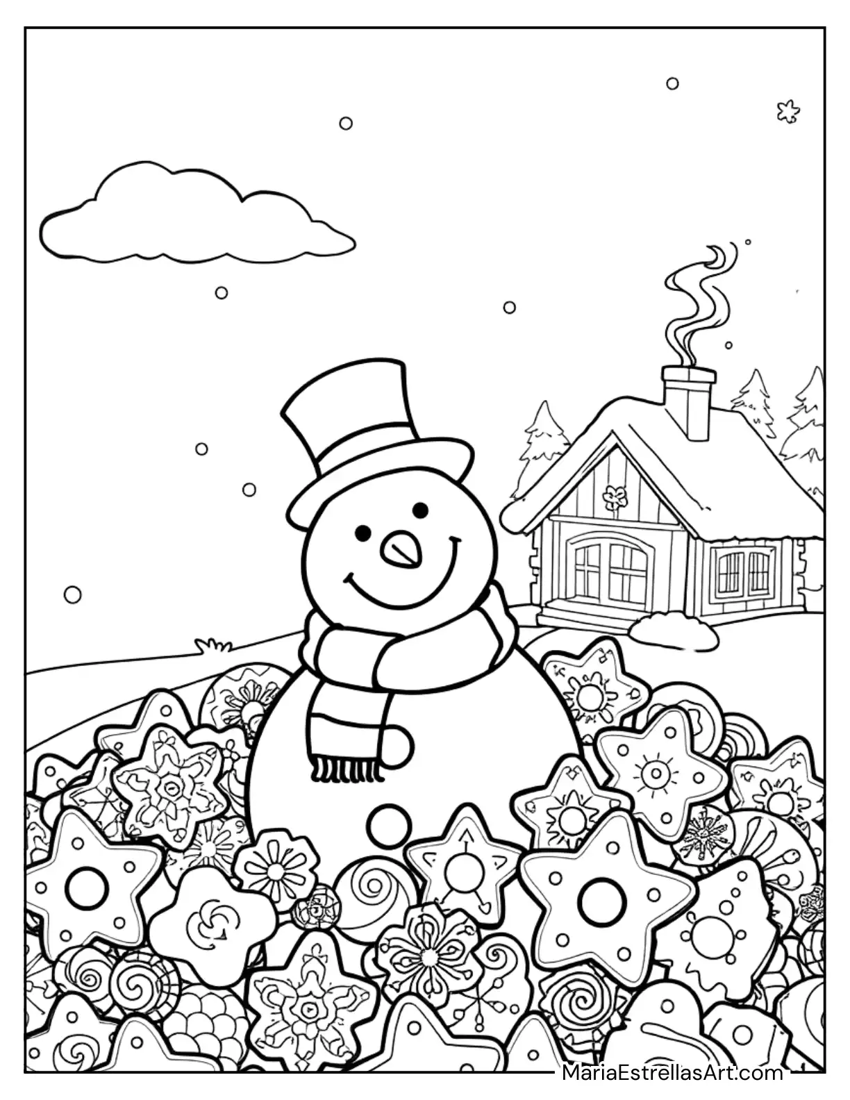 Snowman Sitting in a Pile of Holiday Cookies Coloring Sheet