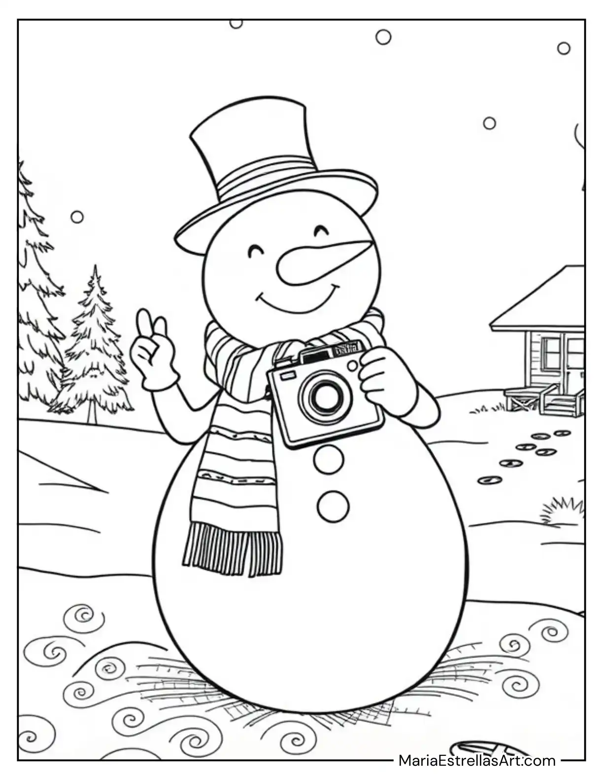 Snowman with a Camera Taking Pictures to Color for Kids