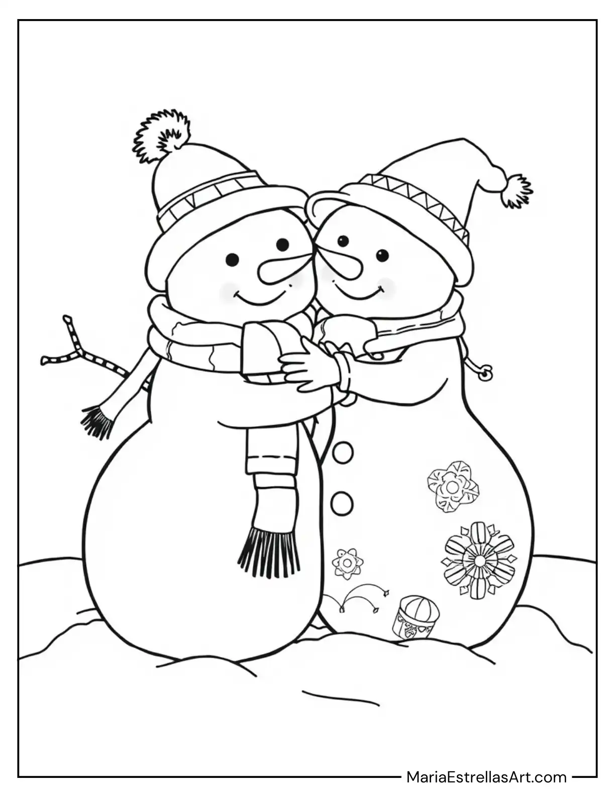 Snowmen Best Friends Hugging in the Snow Coloring Page for Kids