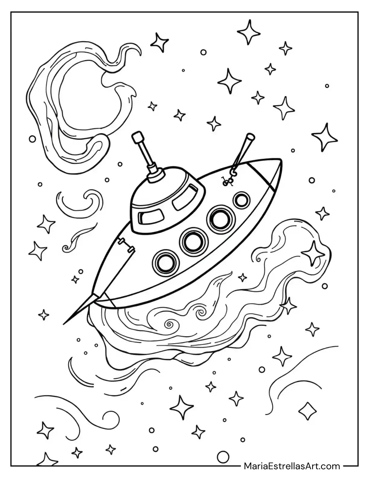 Spaceship Sailing Through Cosmic Waves of Nebulas Coloring Page