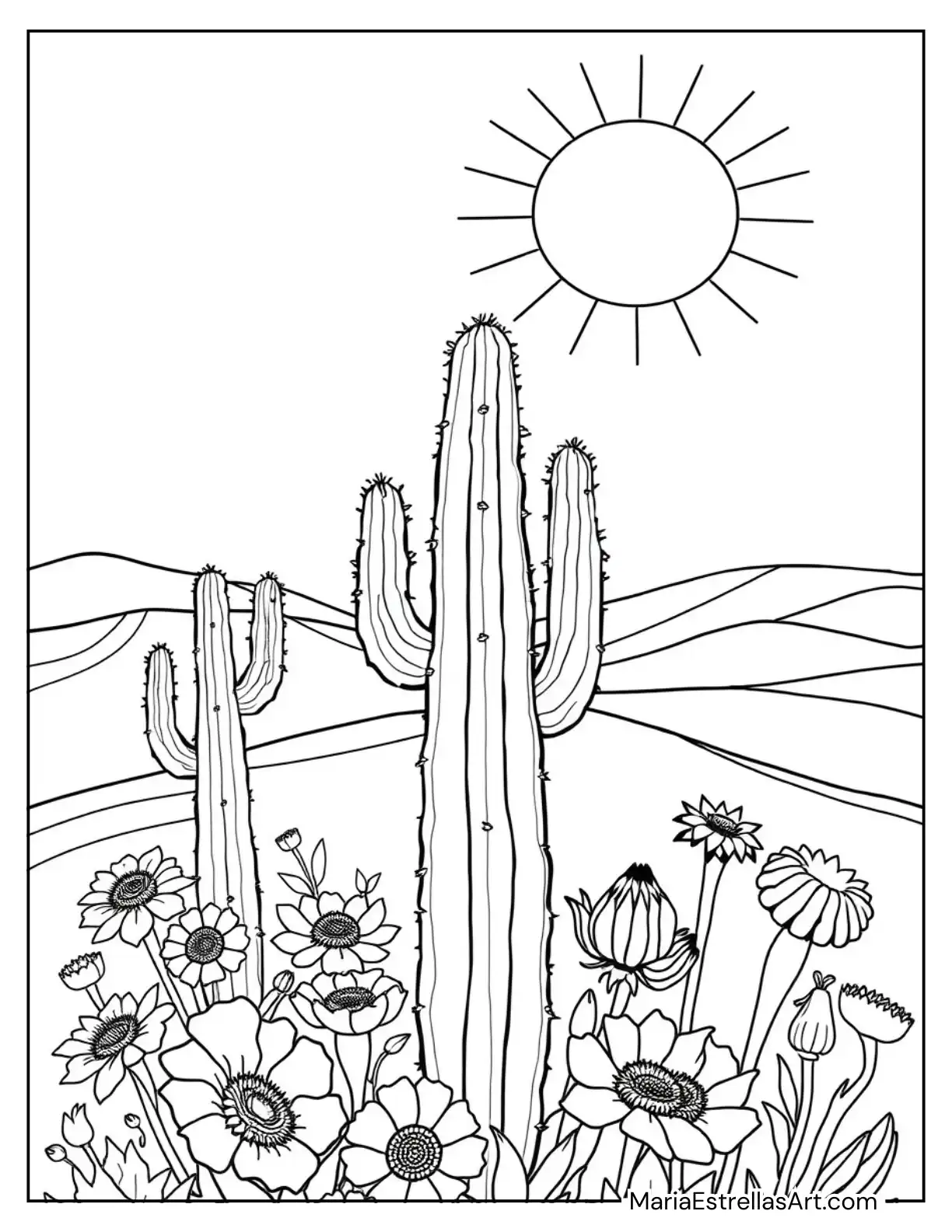 Tall Cactus with Colorful Flowers Growing Around Its Base Set Against a Sunlit Desert Coloring Page