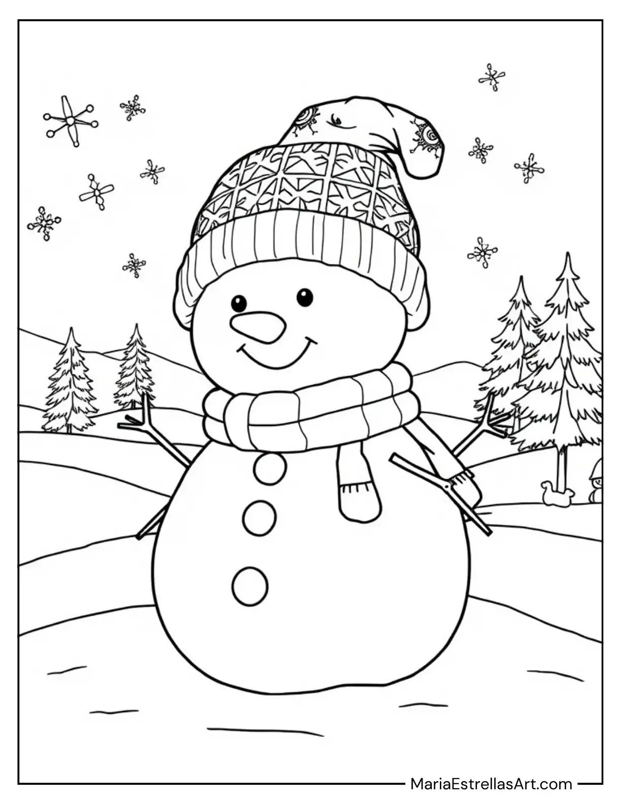 Tiny Snowman in a Cozy Hat Coloring Page for Kids