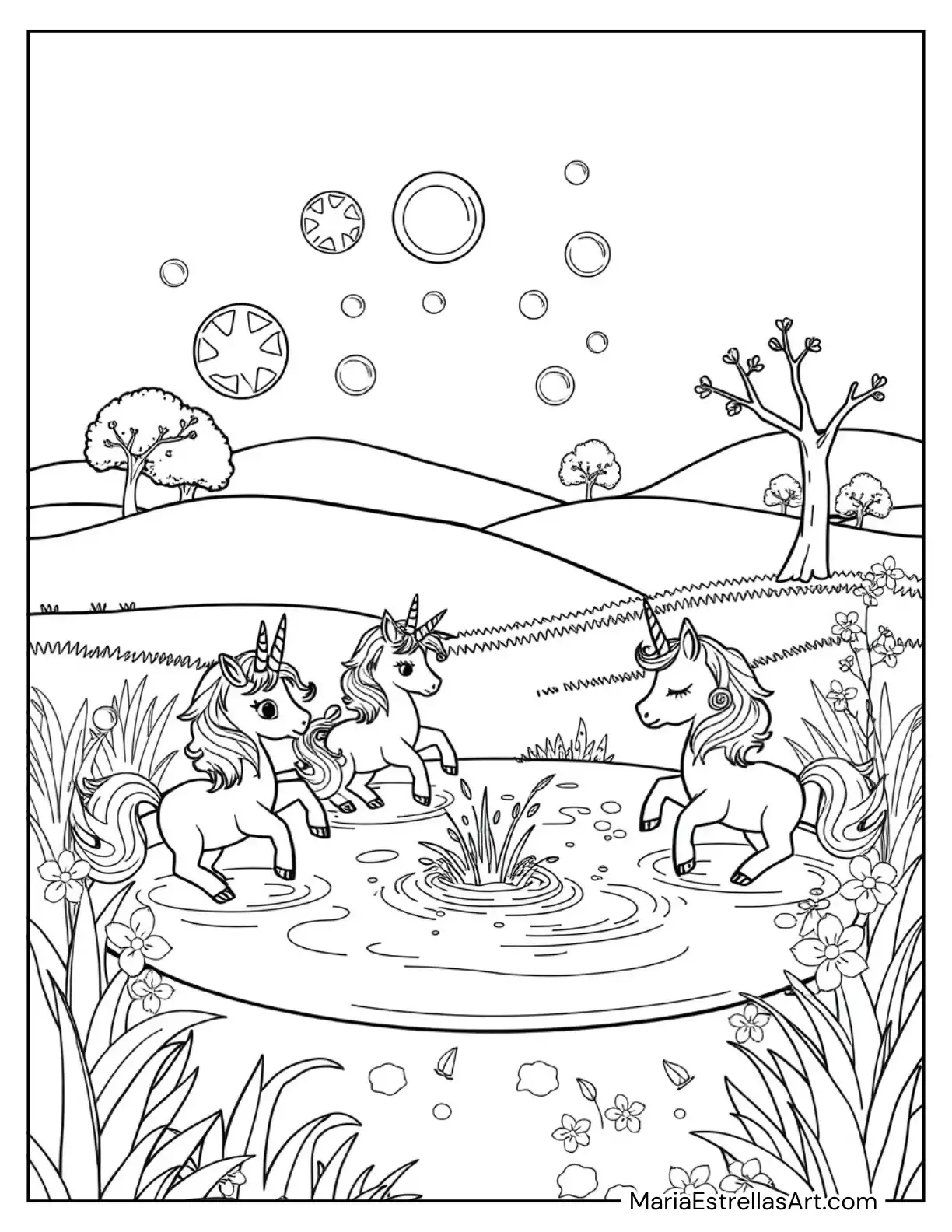 Tiny Unicorns Splashing in a Sparkling Pond with Rainbow Bubbles Coloring Page