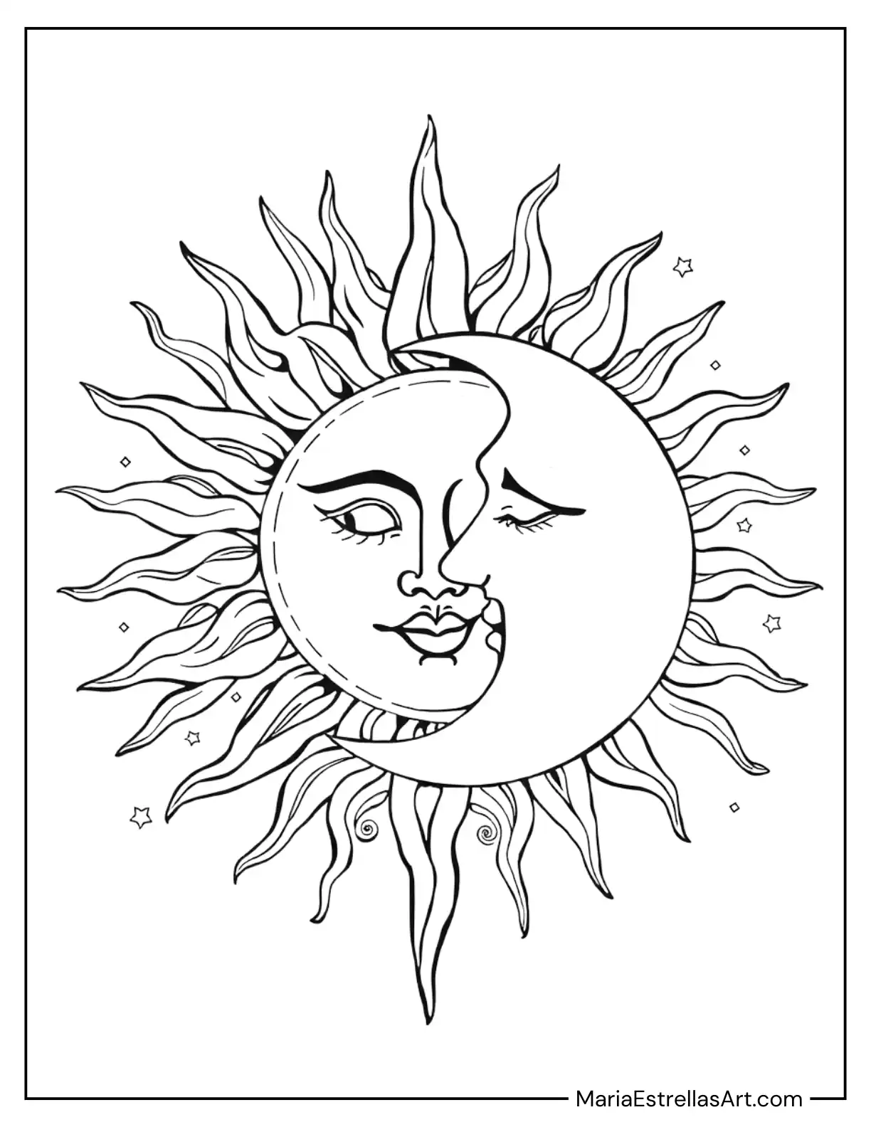 Abstract Sun and Moon with Tribal Motifs Coloring Sheet