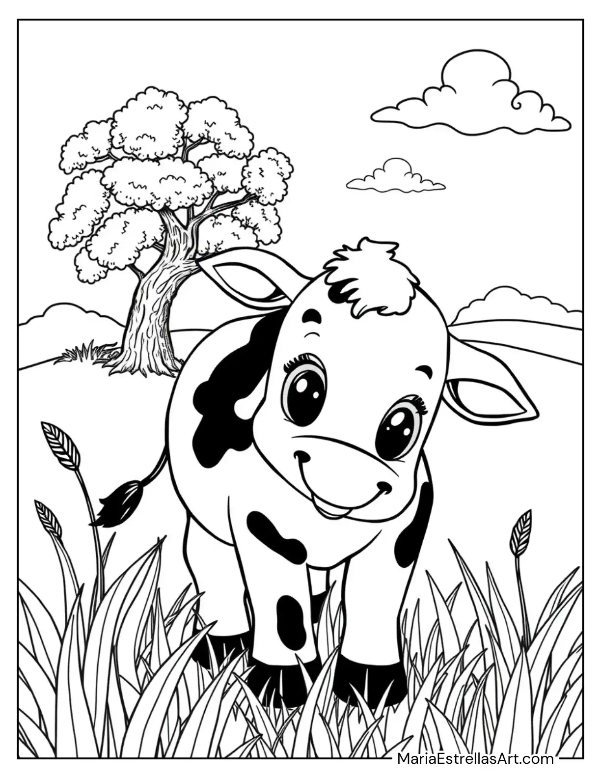 Adorable Cow Grazing in a Meadow Coloring Page