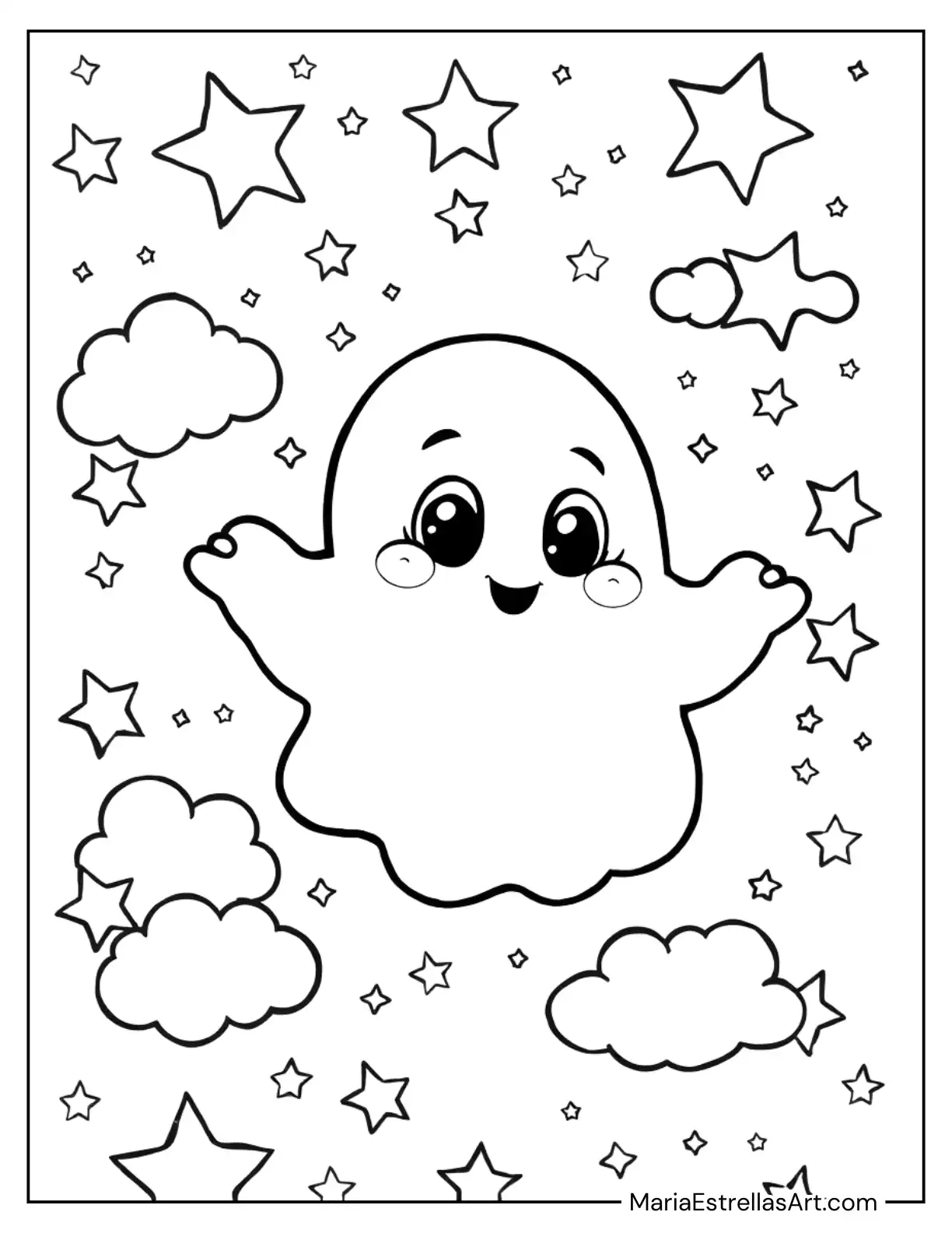 Adorable Ghost Drifting Among Clouds and Stars Coloring Page