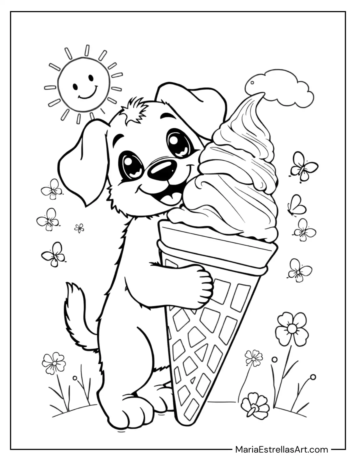 Adorable Puppy Hugging an Ice Cream Cone Coloring Page